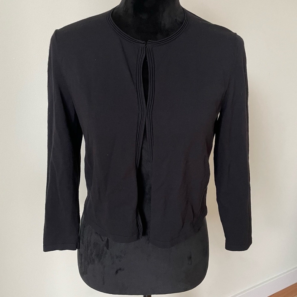 Lafayette 148 Black Viscose Blend Cropped 3/4 Sleeve Hook & Eye Cardigan EUC S